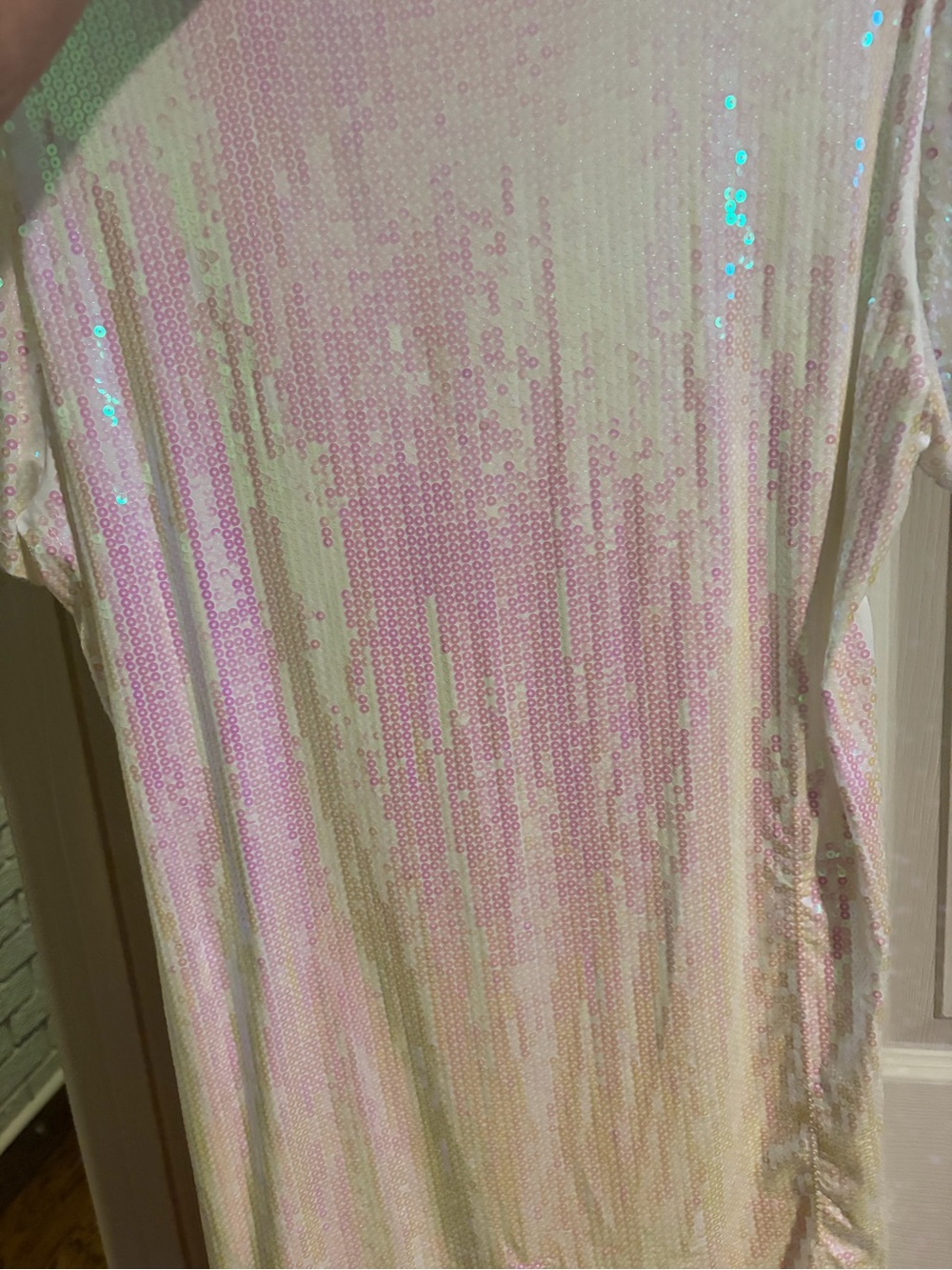 QUEEN OF SPARKLES Iridescent Pink Sequin Mini Dress with Gold Tiger Motif - Picture 3 of 8